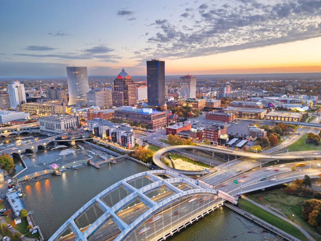 Aerial view of the Rochester, New York skyline at sunset