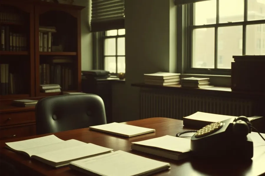 A 1970s independent advisory office with ledgers and a rotary phone