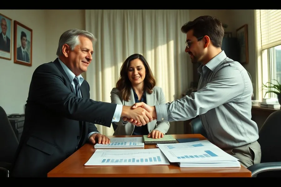 A small advisory team shaking hands over printed market charts