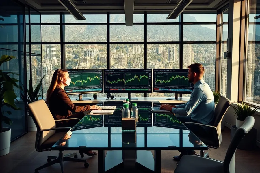 A modern advisory office with market charts on screens