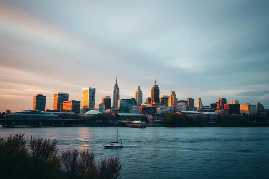 The Rochester, New York skyline at golden hour along the Genesee River