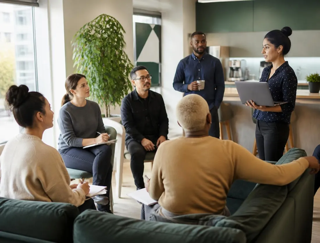 Employees attending a retirement plan education session in their office